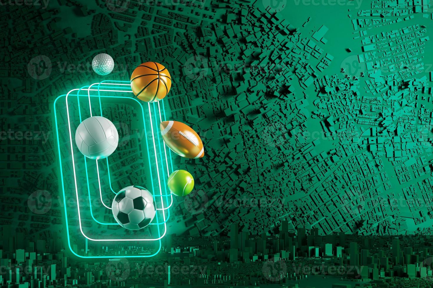 3d sport rendering. background for a sports game. 3d illustration. realistic abstract backdrop. ball object. copy space. tennis soccer basketball golf rugby volleyball elements. neon concept design. photo