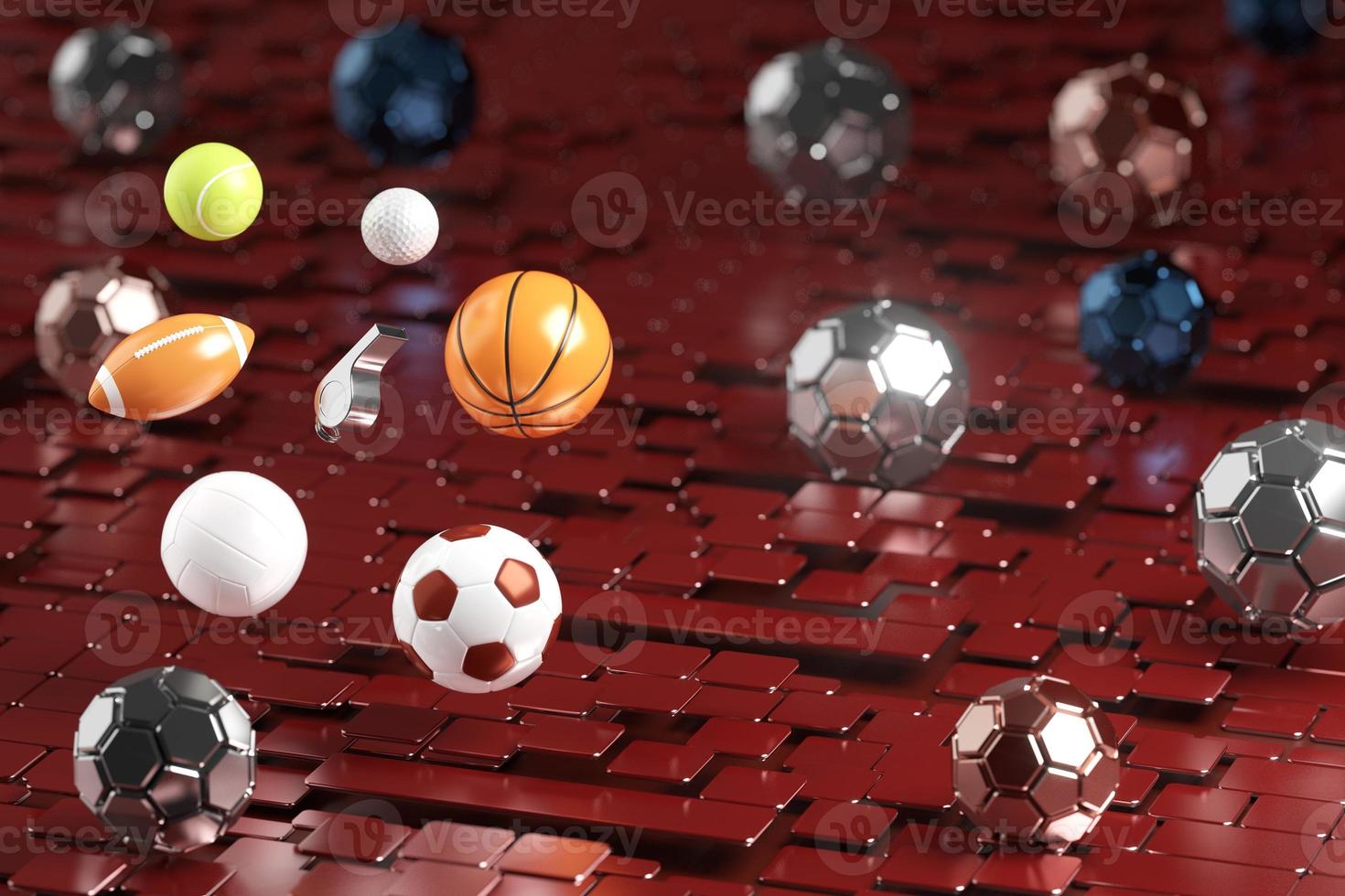 Representación deportiva en 3D. fondo para un juego de deportes. ilustración 3d telón de fondo abstracto realista. objeto de bola copie el espacio tenis fútbol baloncesto golf rugby voleibol elementos. diseño de concepto de neón. foto