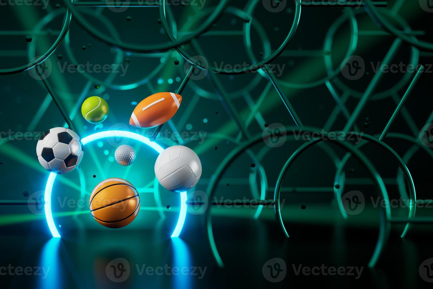 3d sport rendering. background for a sports game. 3d illustration. realistic abstract backdrop. ball object. copy space. tennis soccer basketball golf rugby volleyball elements. neon concept design. photo