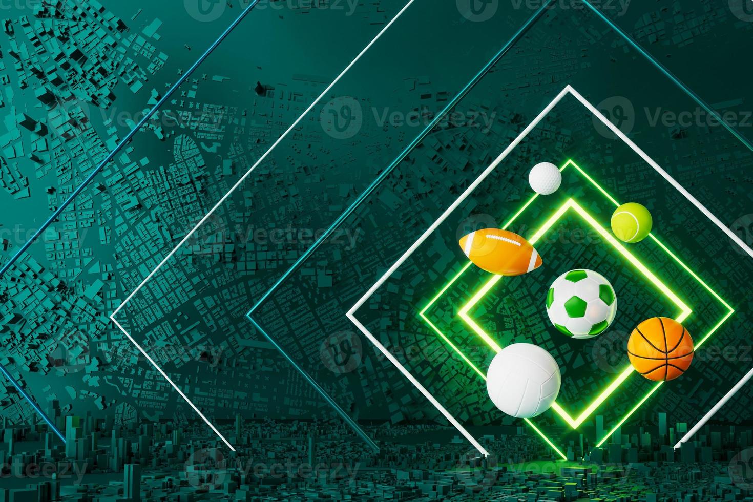 3d sport rendering. background for a sports game. 3d illustration. realistic abstract backdrop. ball object. copy space. tennis soccer basketball golf rugby volleyball elements. neon concept design. photo