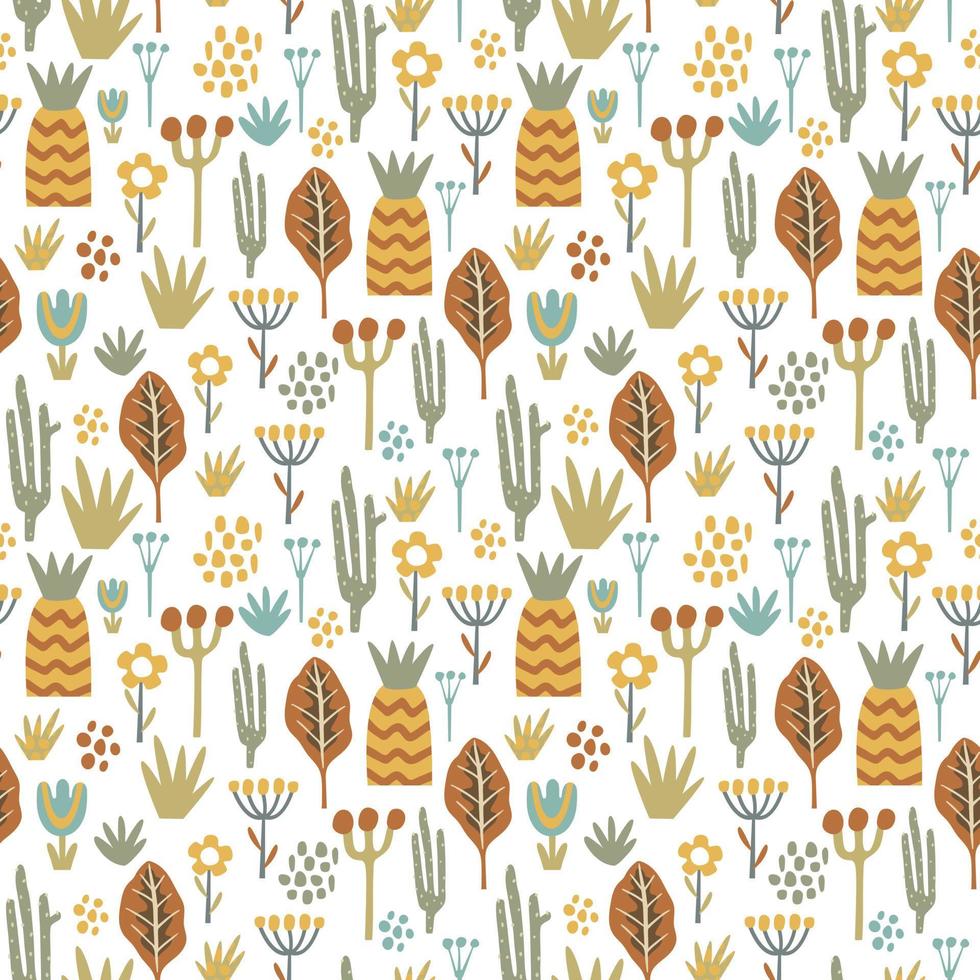 Seamless pattern with abstract flowers and plants on white background, vector. vector