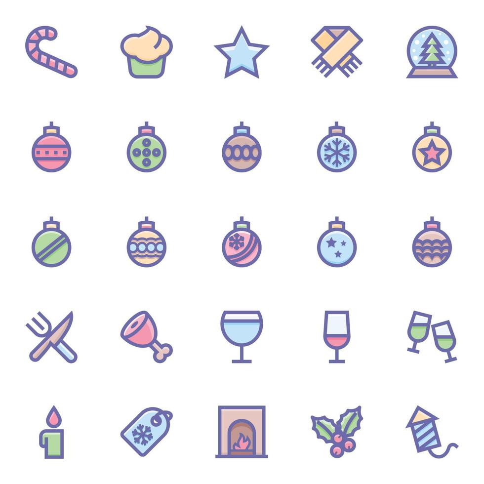 Filled color outline icons for Christmas. vector