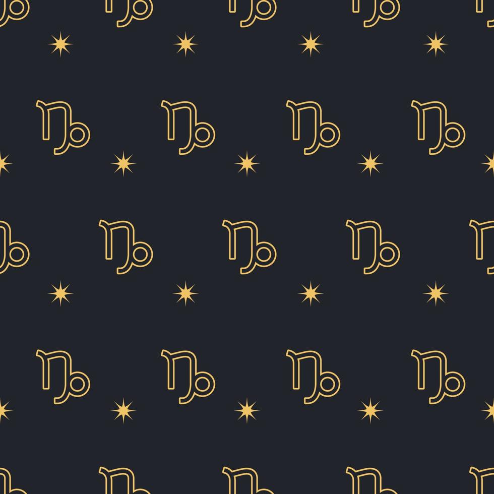 Vector Capricorn seamless gold pattern. Repeating Zodiac sign with stars on a black background