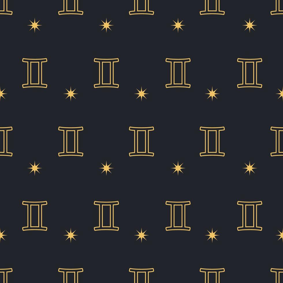 Vector Gemini seamless gold pattern. Repeating Zodiac sign with stars on a black background