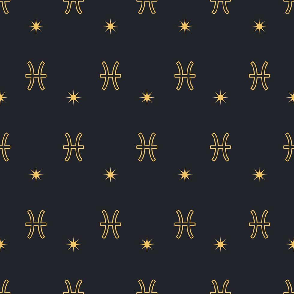 Vector Pisces seamless gold pattern. Repeating Zodiac sign with stars on a black background