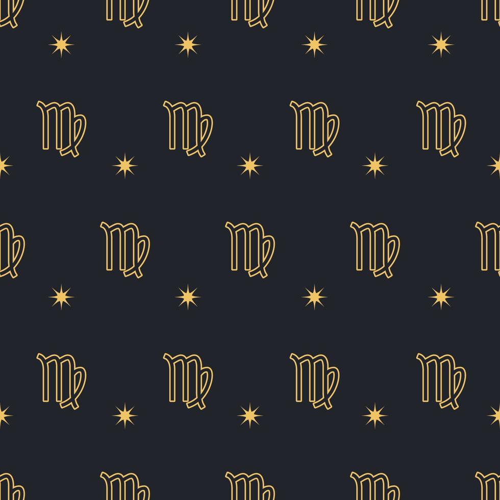 Vector Virgo seamless gold pattern. Repeating Zodiac sign with stars on a black background