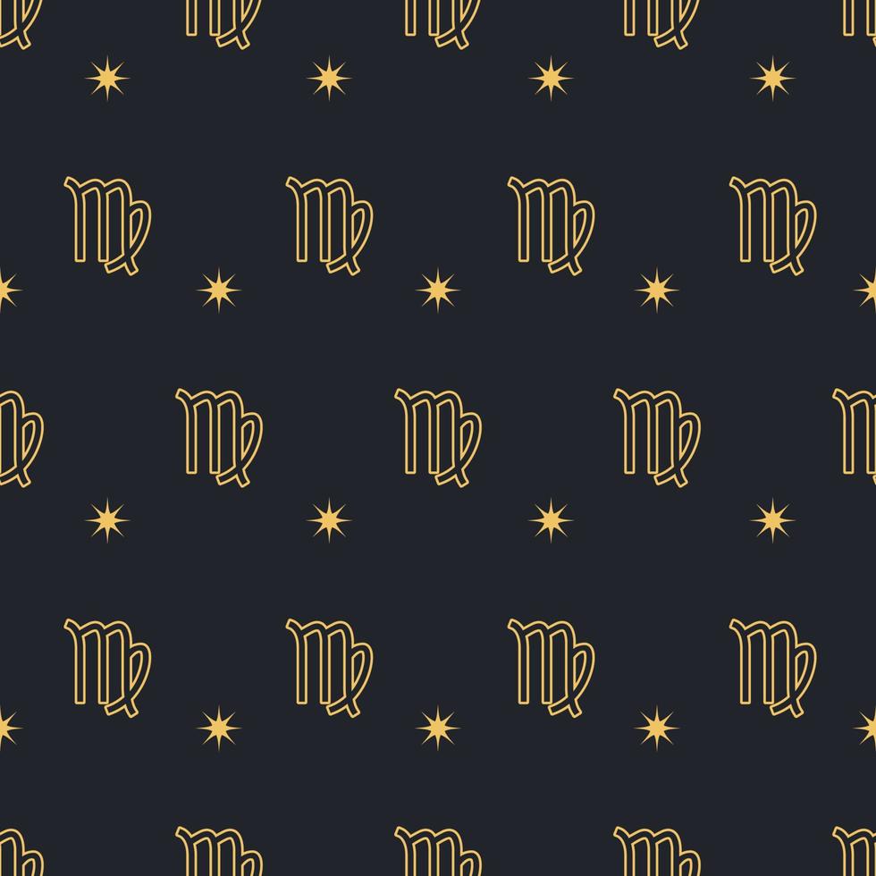 Vector Virgo seamless gold pattern. Repeating Zodiac sign with stars on a black background