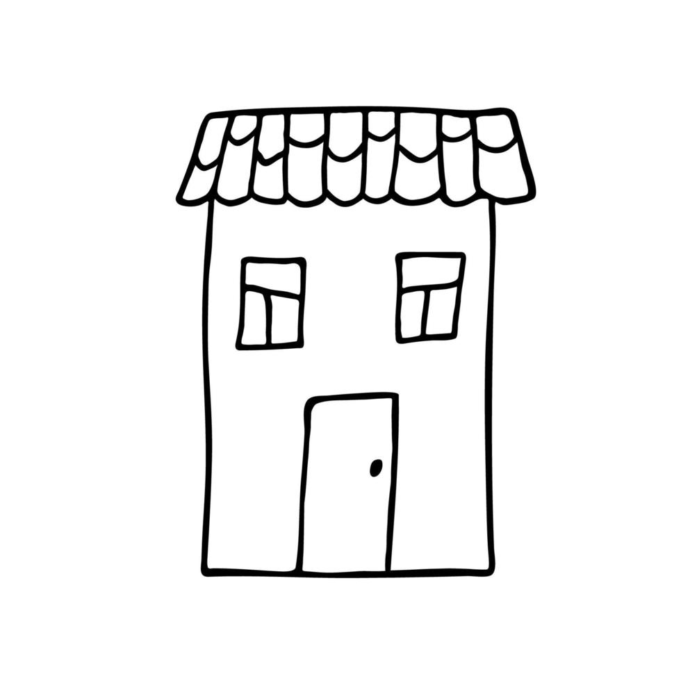 Vector doodle house childish style. Outline building with windows, door and roof on white