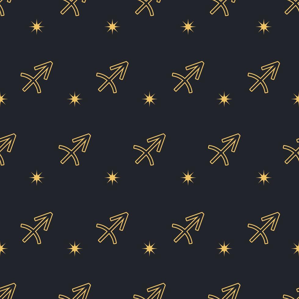 Vector Sagittarius seamless gold pattern. Repeating zodiac signs with stars on a black background