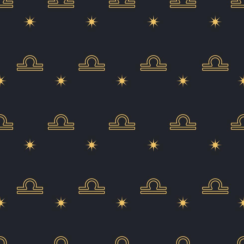 Vector Libra seamless gold pattern. Repeating zodiac sign with stars on a black background