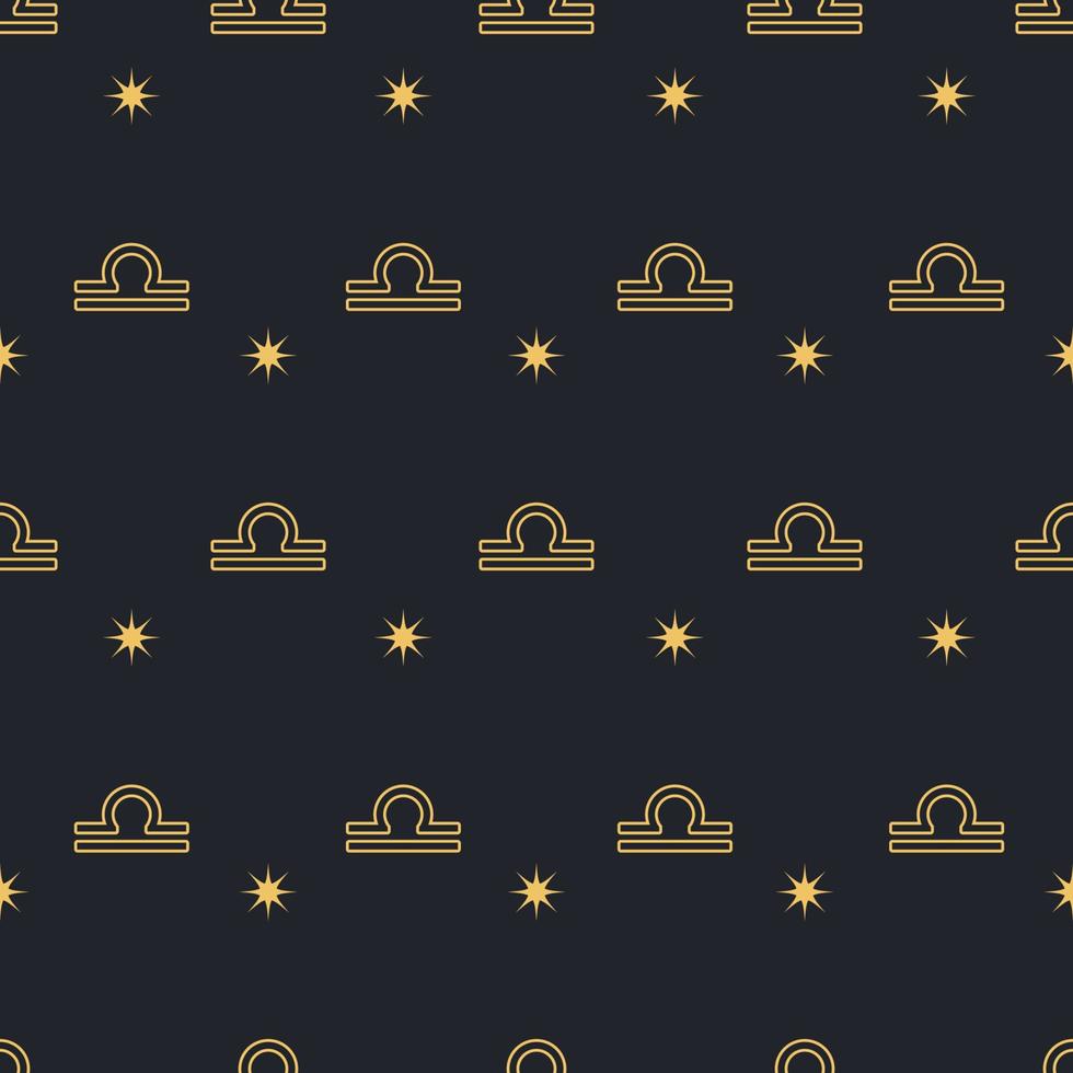 Vector Libra seamless gold pattern. Repeating zodiac sign with stars on a black background