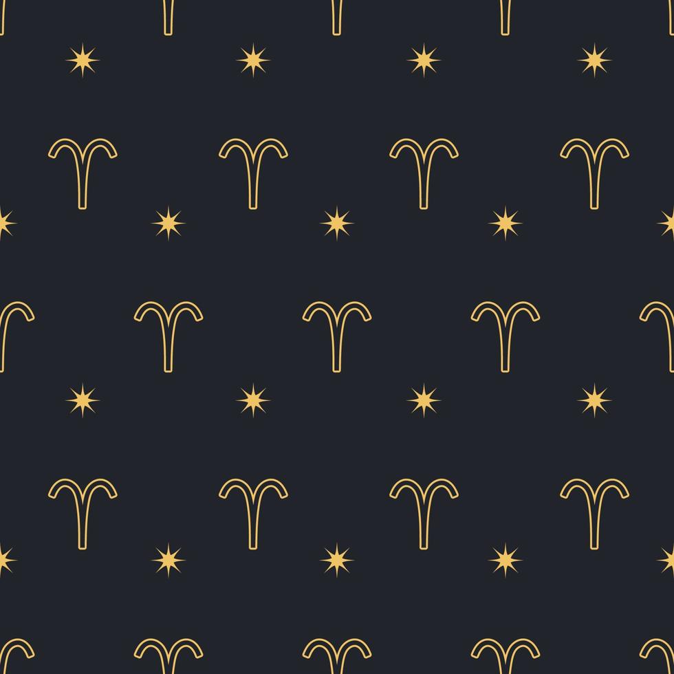 Vector Aries seamless gold pattern. Repeating Zodiac sign with stars on a black background