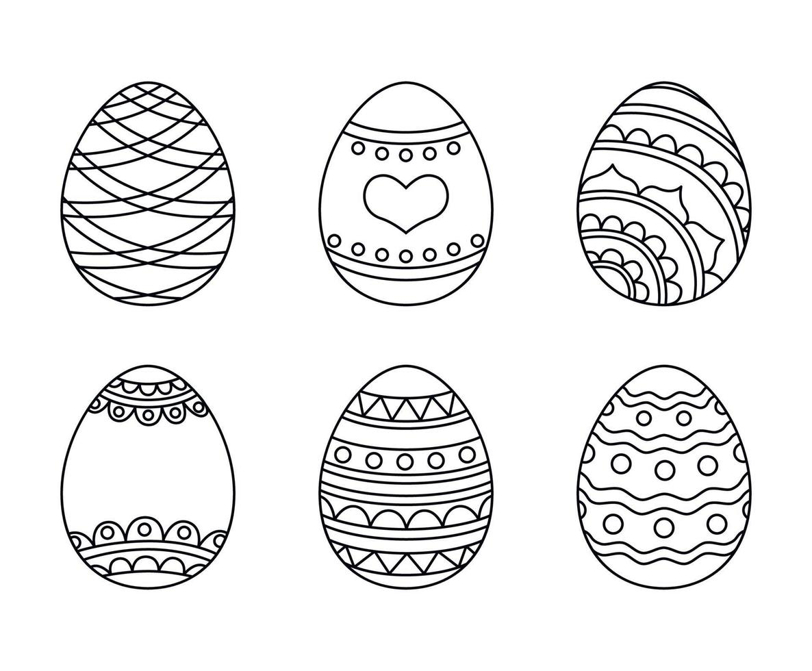 Vector line art eggs with patterns for coloring. Easter coloring page. Holiday icons set for coloring