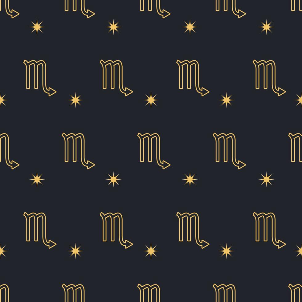 Vector Scorpio seamless gold pattern. Repeating Zodiac sign with stars on a black background