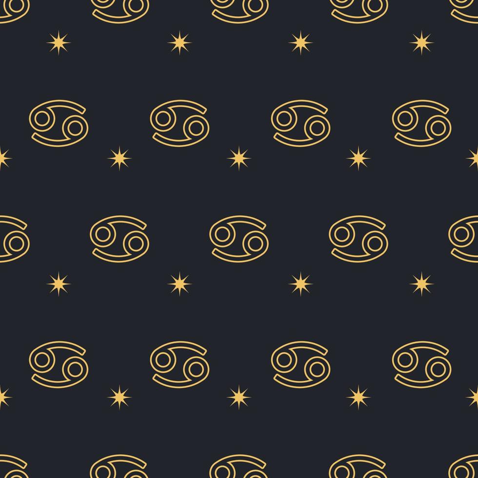 Vector Cancer seamless gold pattern. Repeating zodiac sign with stars on a black background