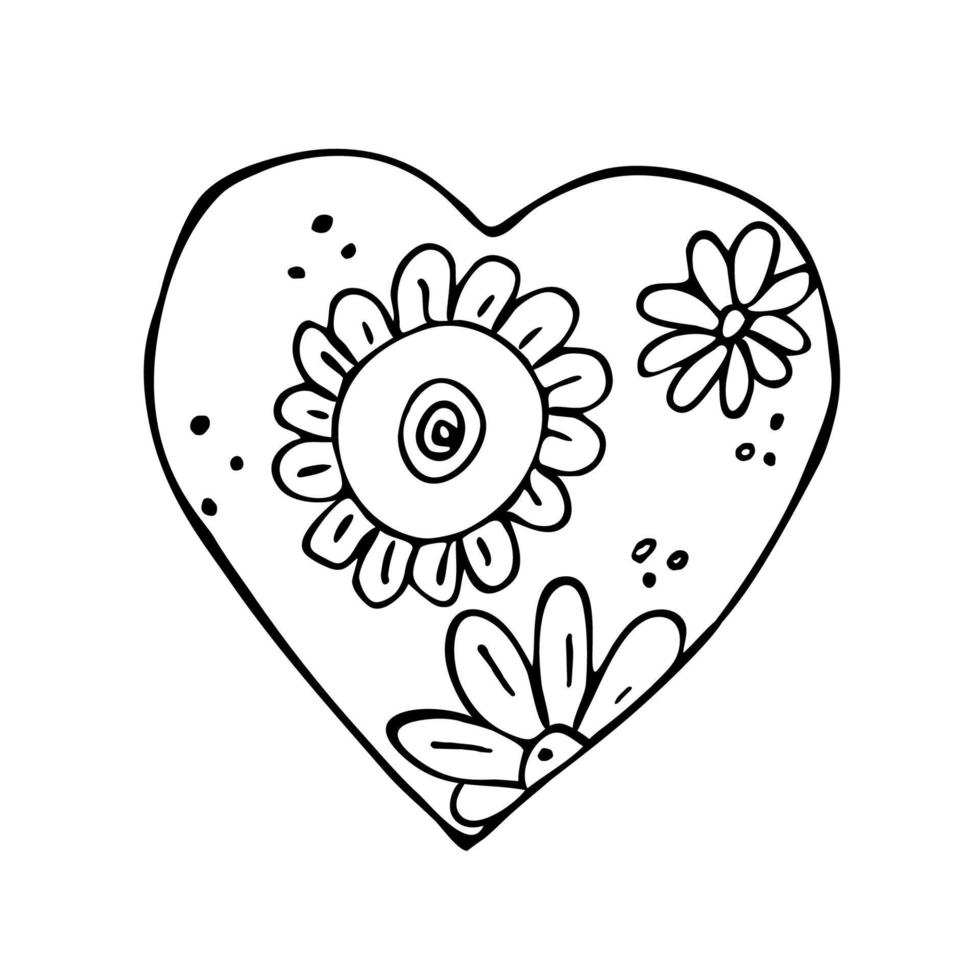 Vector doodle heart with sunflower and chamomile inside. Isolated linear floral heart on white background