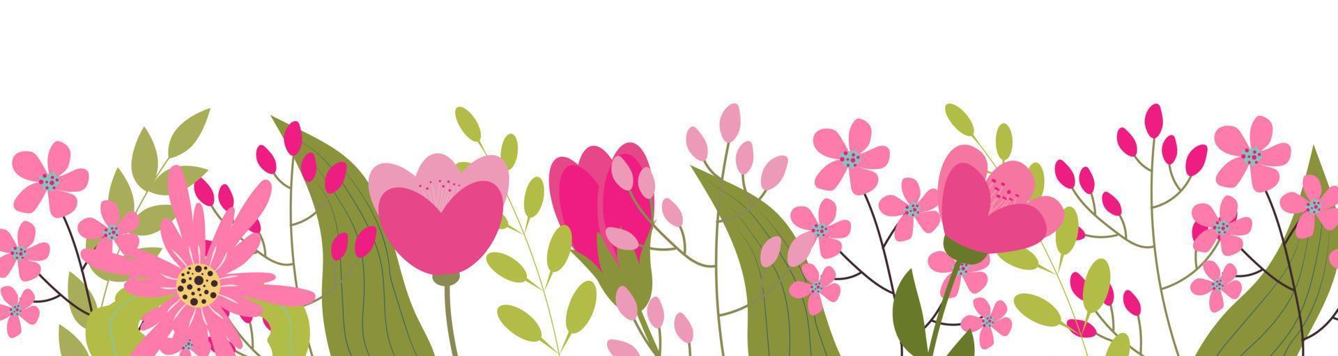 Horizontal white banner or floral backdrop decorated with pink blooming flowers and leaves border. vector