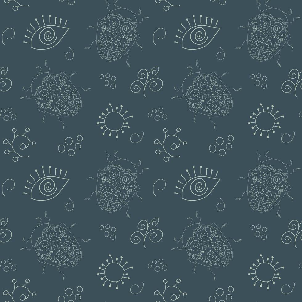Seamless pattern with beetles, magic eye and plants. Botanical background. vector