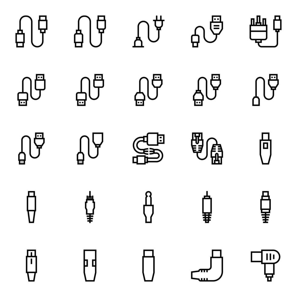 Outline icons for Connectors and cables. vector