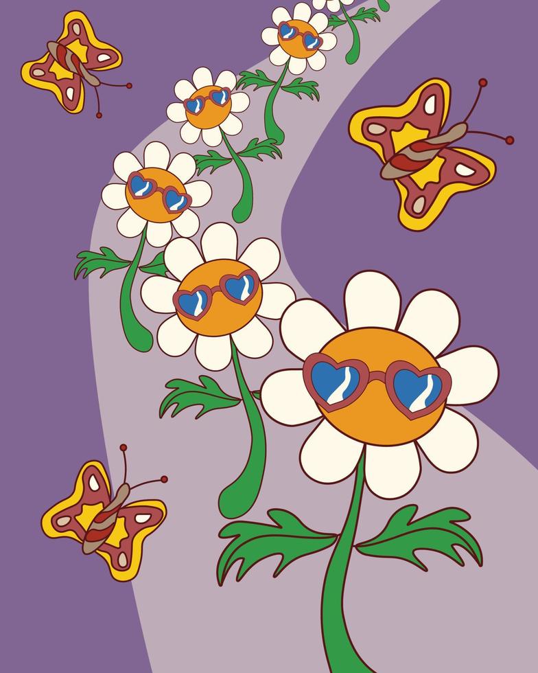 Vector illustration in groovy retro psychedelic style with dancing flowers and butterflies