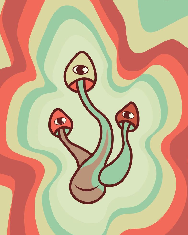 Vector illustration in groovy retro psychedelic style with dancing mushrooms