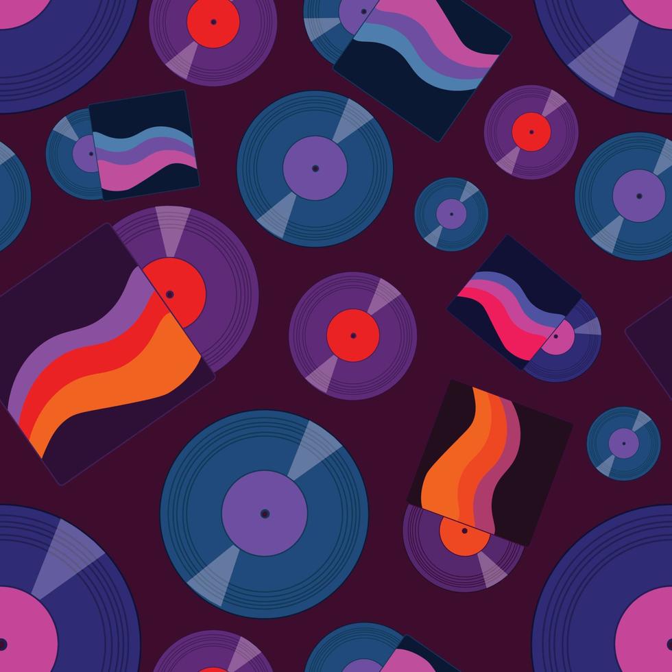 Vector seamless pattern with vinyl discs. Retro style, dark colors. Wallpaper, background, paper or textile print