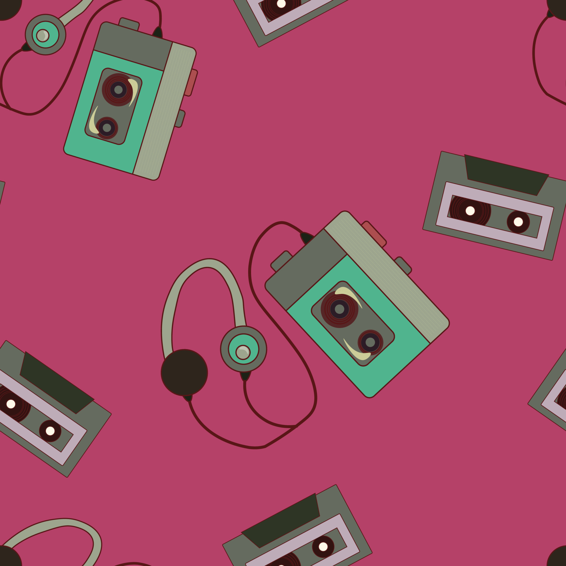 Vector seamless pattern with vintage cassette players and cassettes