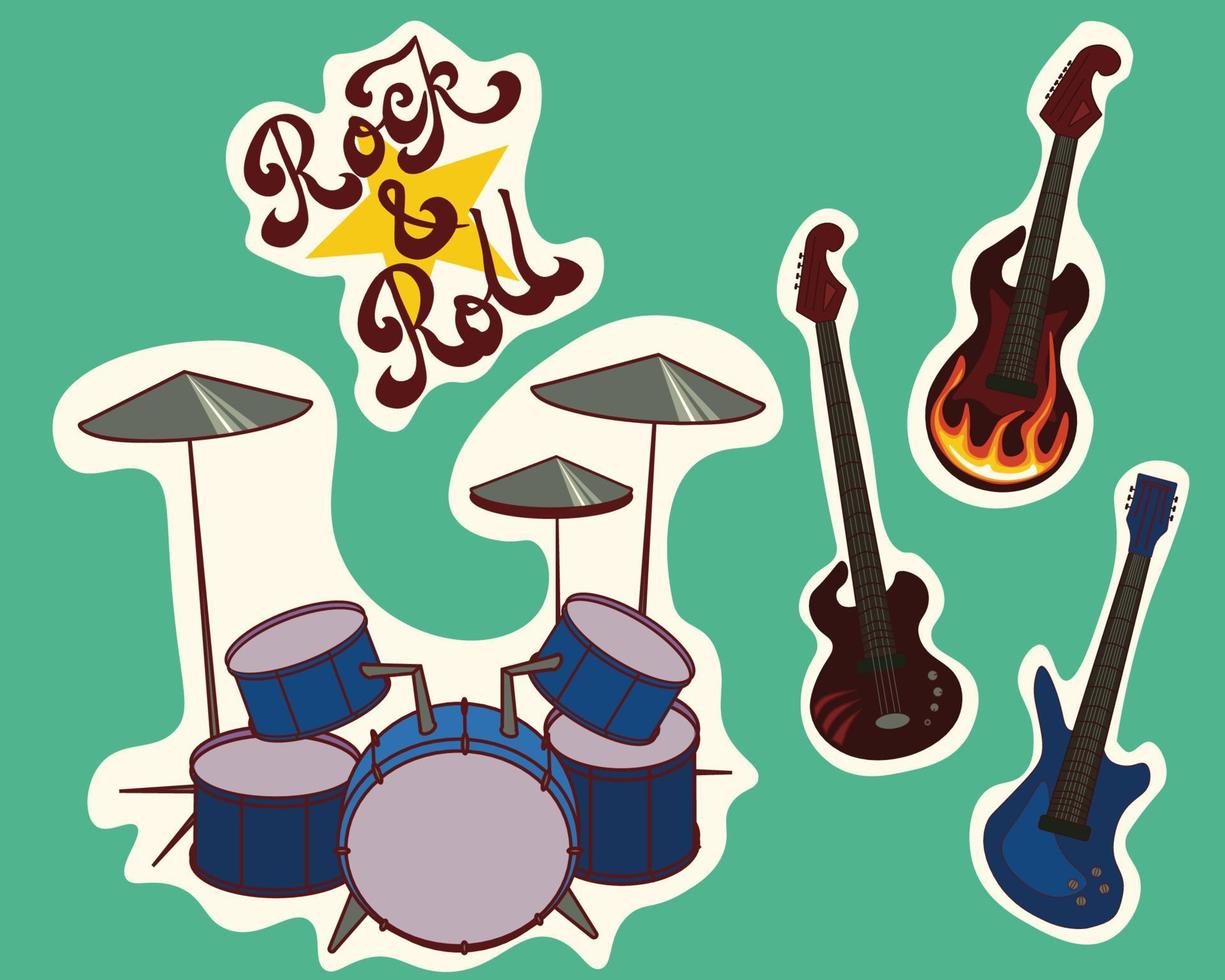 vector retro estilo pegatinas conjunto con Clásico rock banda guitarras y tambores