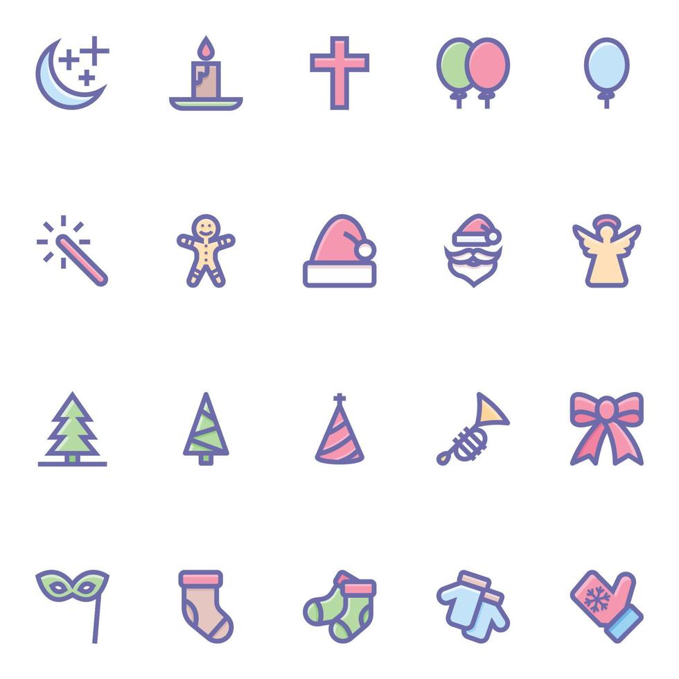 Filled color outline icons for Christmas. vector