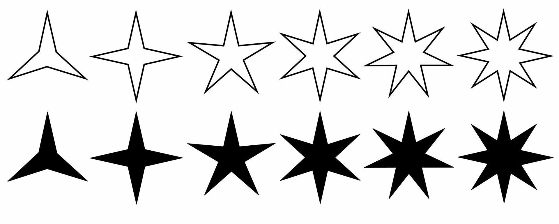 outline silhouette stars icon set isolated on white background.Stars icon with different pointed  three, four, five, six, seven, eight vector