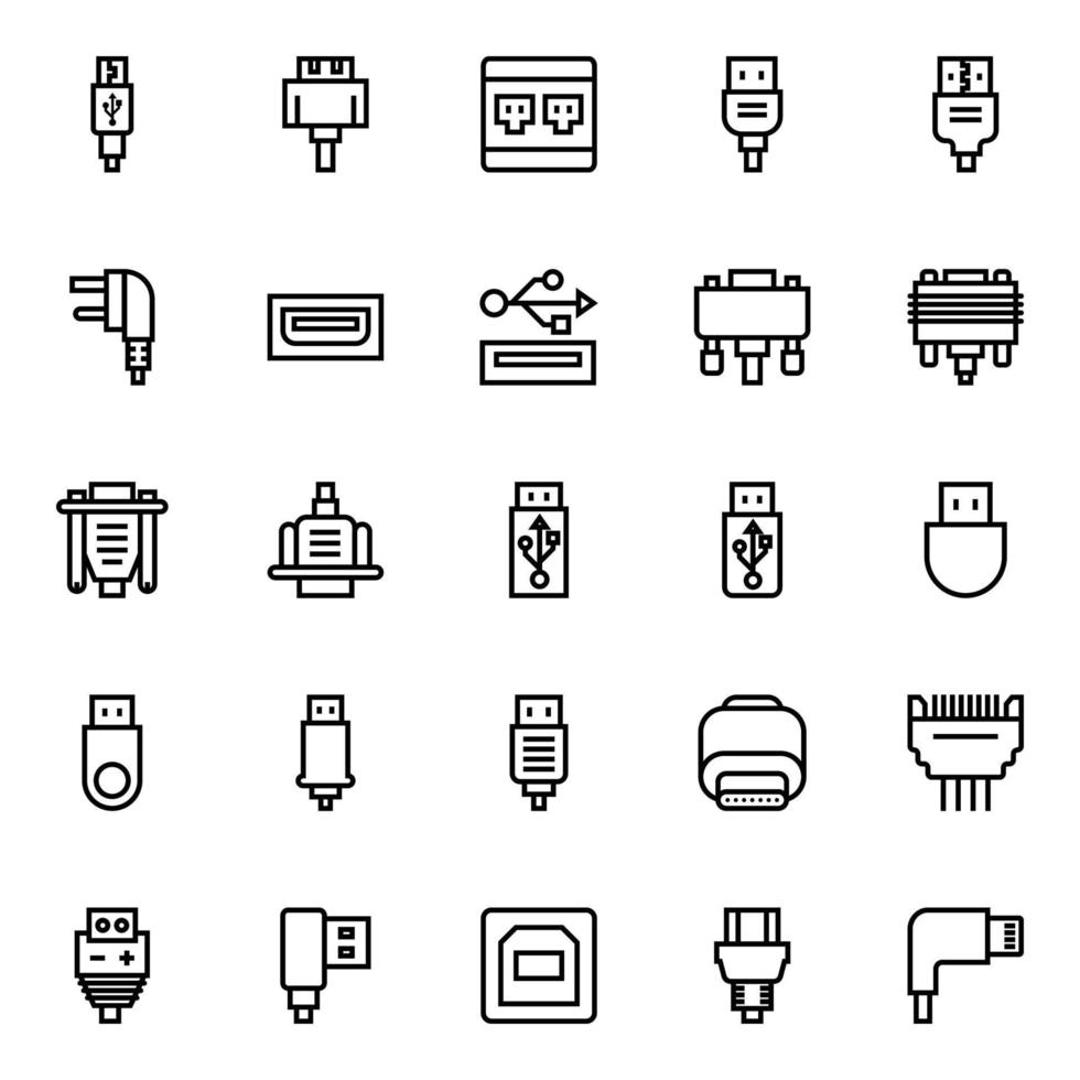 Outline icons for Connectors and cables. vector