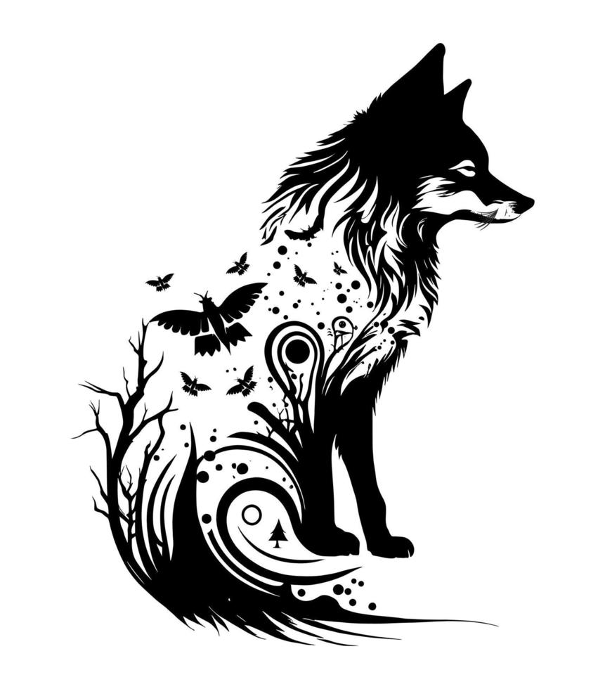 Wolf tribal tattoo with birds trees shapes combination fully editable and scalable art vector