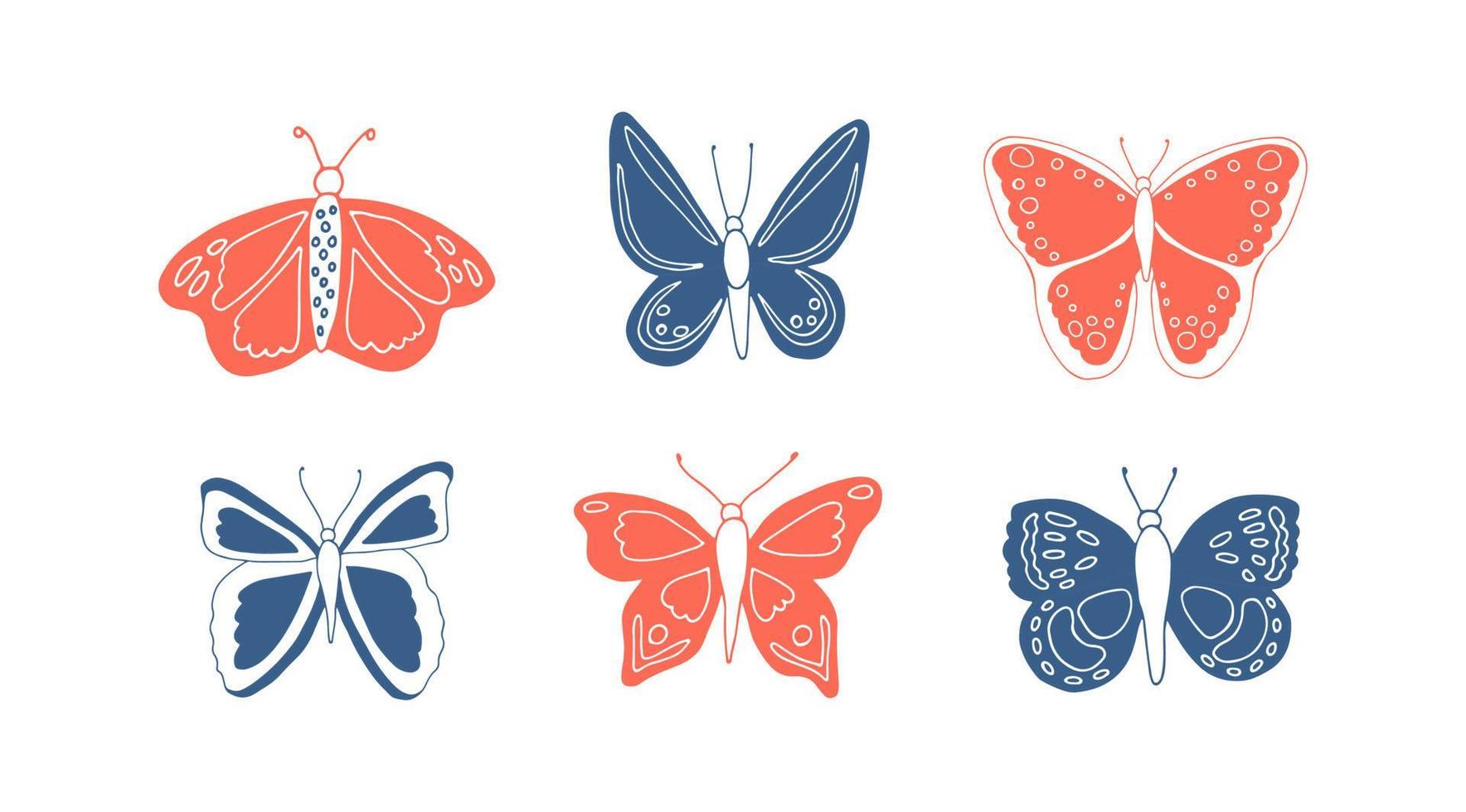 Set of six blue, white and red hand drawn cute vector butterflies. Butterfly vector illustration.