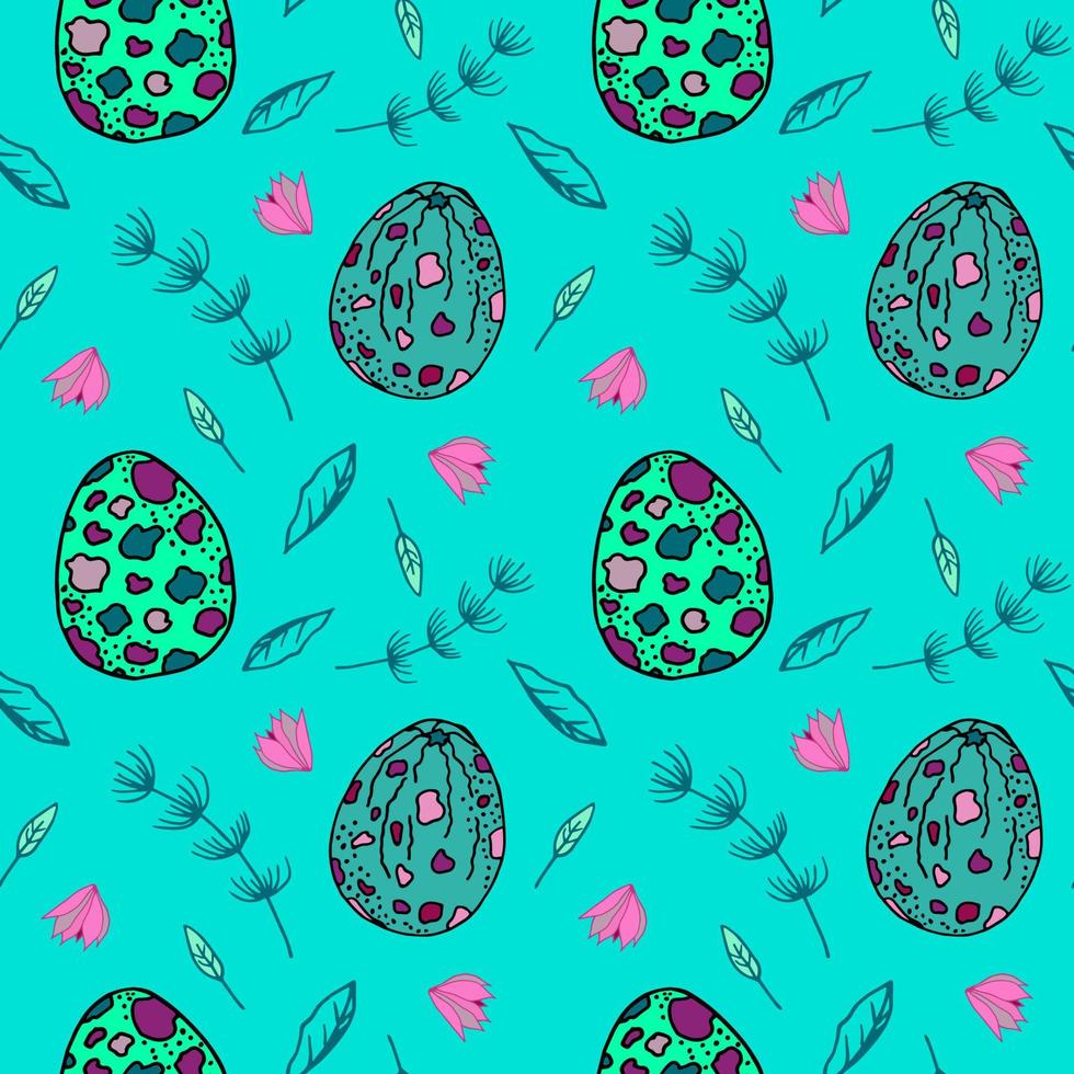 Seamless pattern with eggs and floral elements. Fresh mint green hand drawn vector pattern inspired by spring. Great for wrapping paper, textiles, stationery.