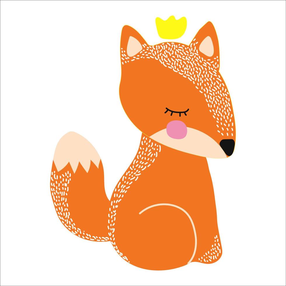 Cute sleeping baby fox with a small crown sitting. Hand drawn vector