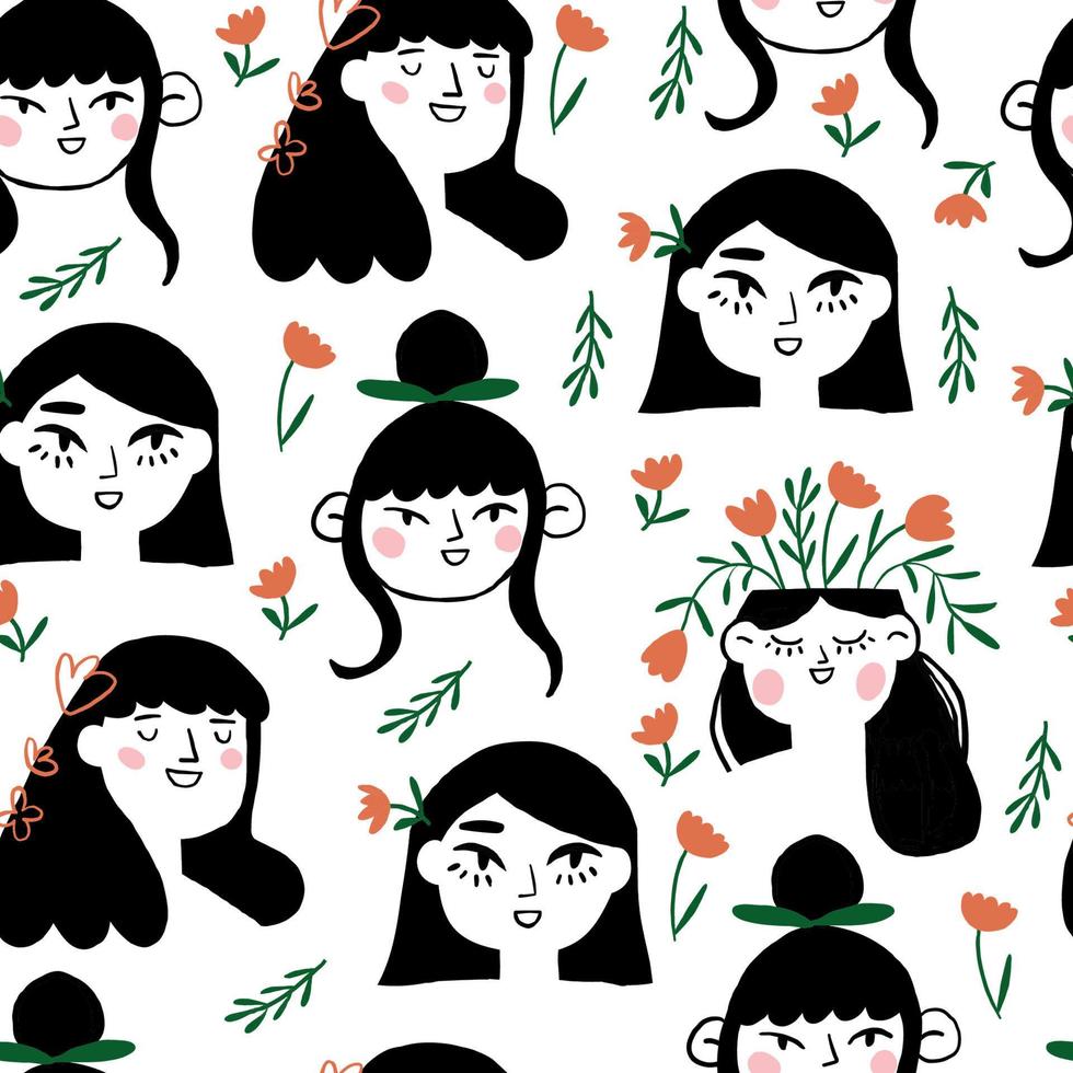 Beautiful pattern with a girl in flowers. Vector seamless texture. Vector illustration