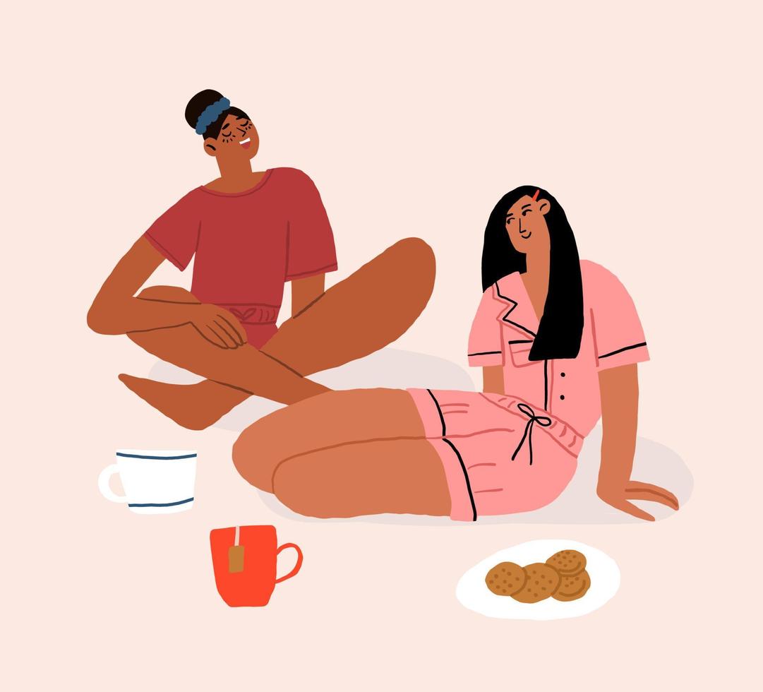 dos muchachas son hablando y Bebiendo té. mujer amistad y comunicación. plano vector ilustración.
