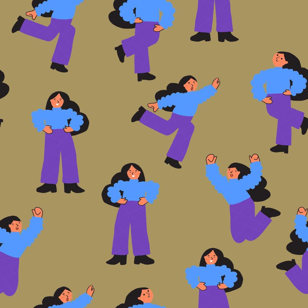 Seamless pattern with young women of different races, vector flat cartoon illustration. Vector illustration