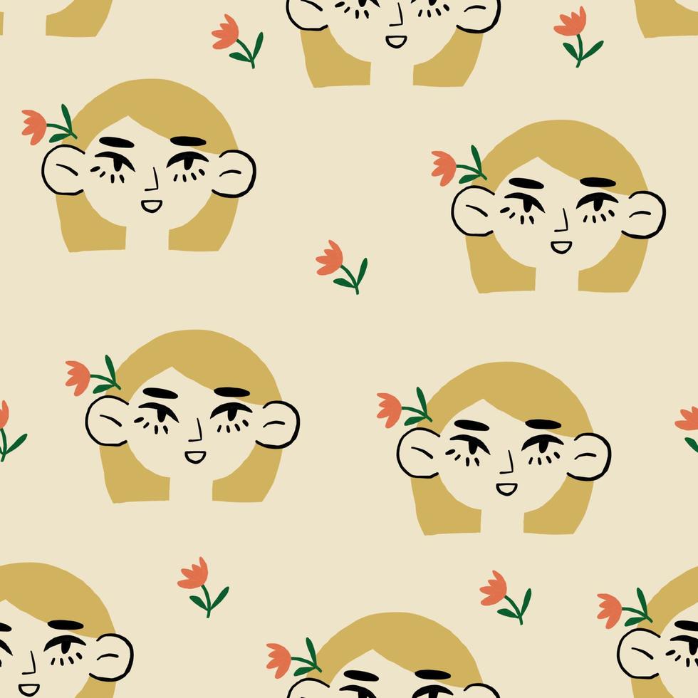 Beautiful pattern with a girl in flowers with blond hair. Vector seamless texture. Vector illustration