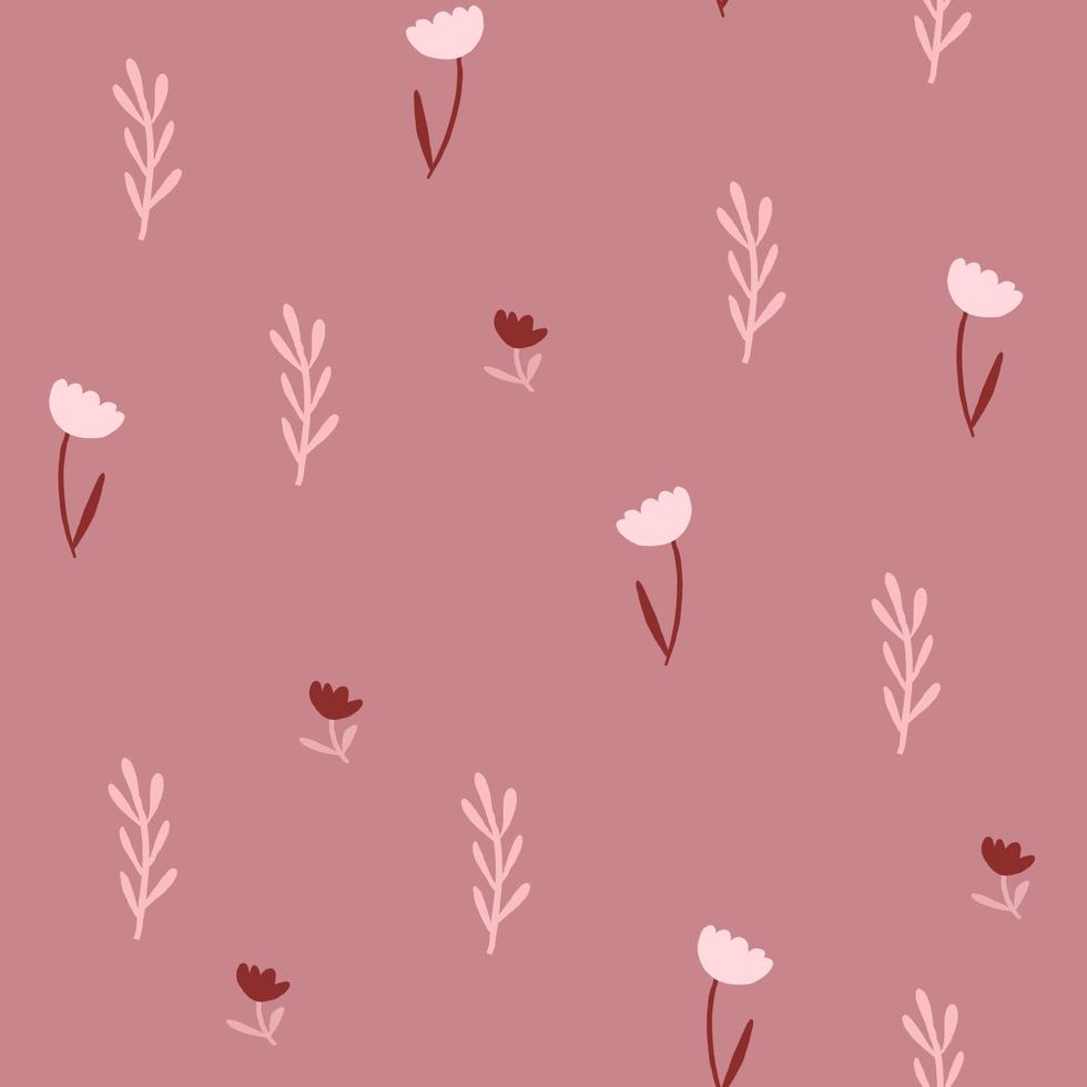 Hand drawn abstract ditsy flowers seamless pattern on red. Repeating floral vector pattern. Ditsy print in calico shabby chic. Vector illustration