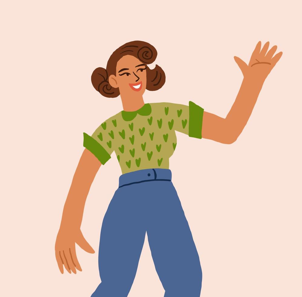 Vector illustration of happy smiling woman with vintage haircut wearing jeans, smiling woman in casual clothing greeting someone. Vector illustration