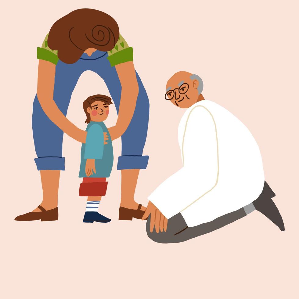 Child during appointment with doctor. Mother and son at doctor visit. Vector illustration