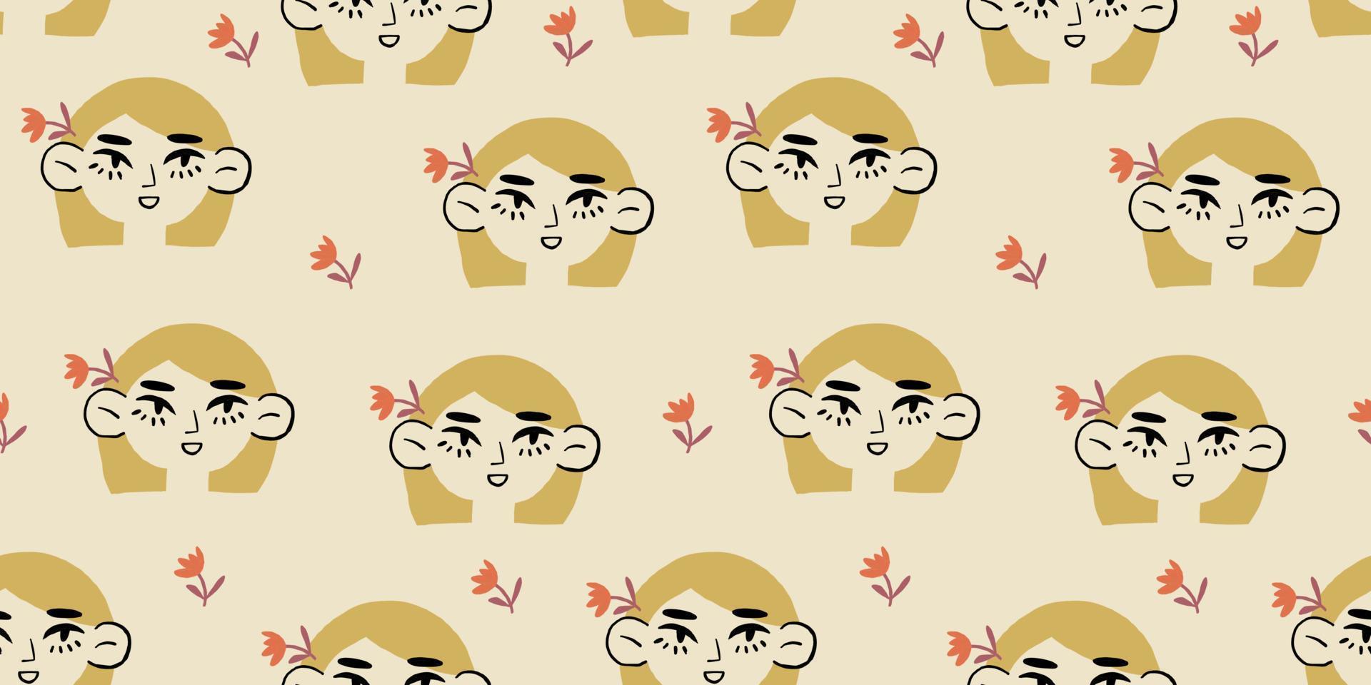 Vector seamless pattern with blond girls faces and flower in head on beige background. Romantic girl portrait pattern. . Vector illustration