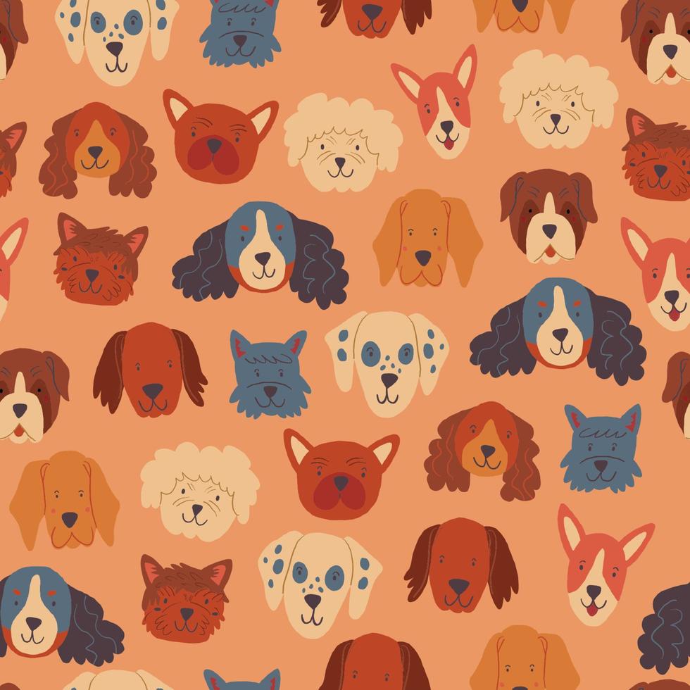Vector seamless pattern with dogs faces on beige background. Popular dogs breeds pattern. Cartoon stylish dogs. . Vector illustration