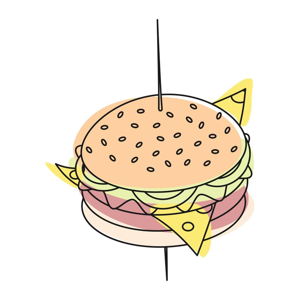 Outline image of a hamburger on a skewer with spots in trendy shades. Fast Food. Happy hamburger day vector