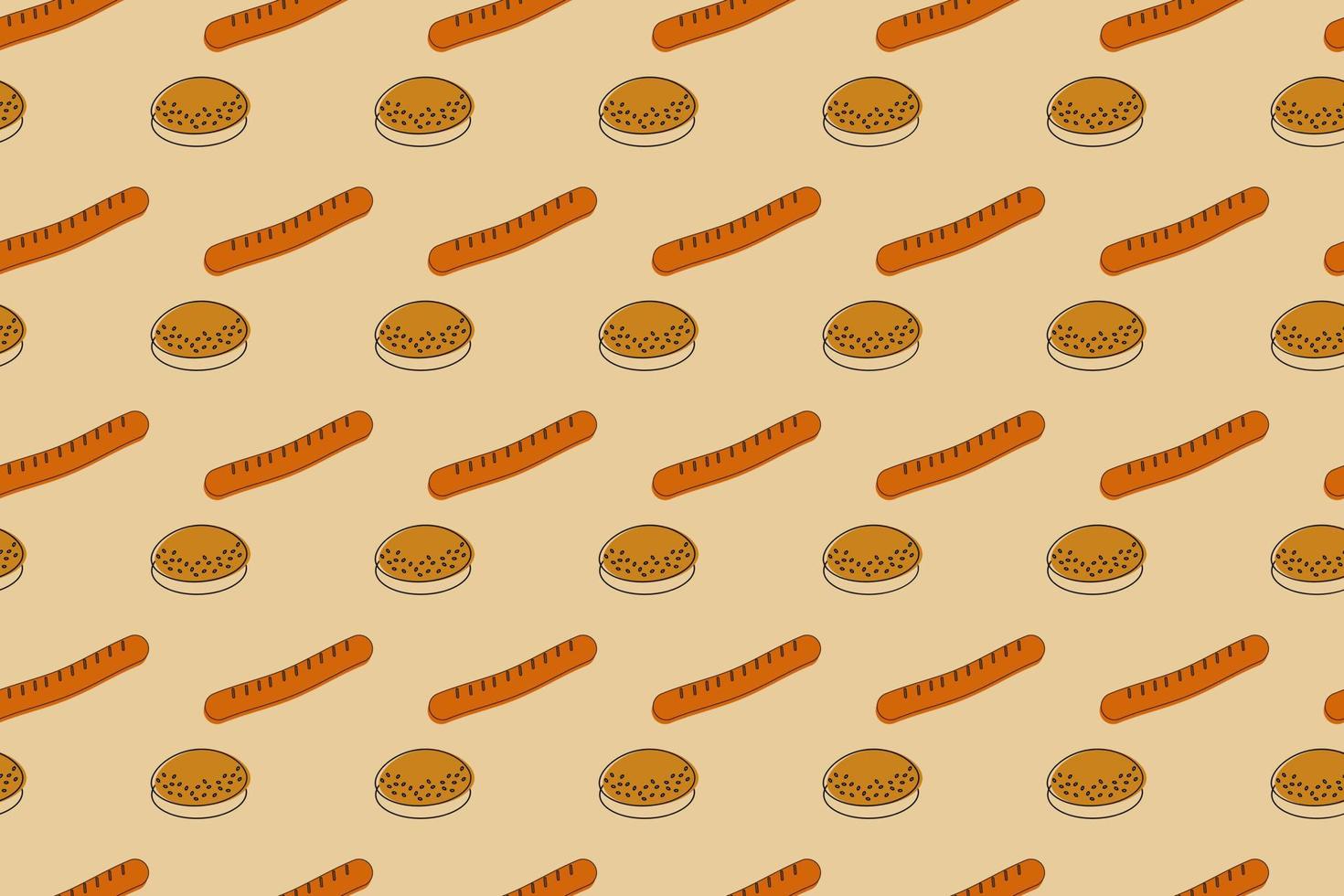 Bun with sesame seeds and sausage are the main elements of hotdog in a seamless pattern. Fast food vector