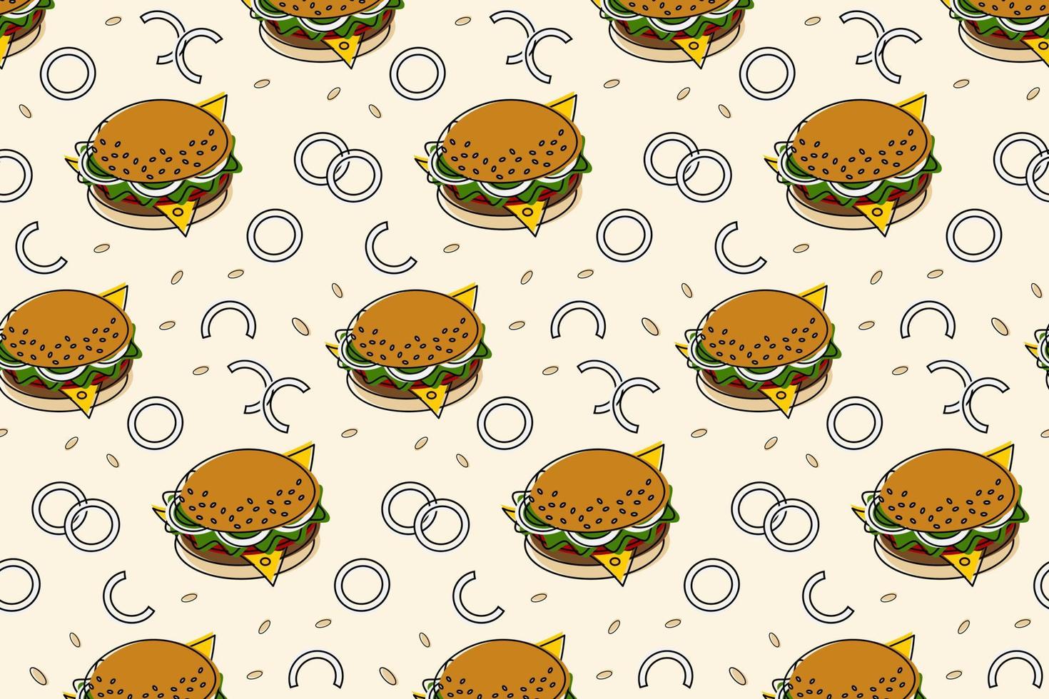 Endless pattern of Hamburger with cheese, rings of onion, tomato and lettuce. Happy burger day. EPS vector