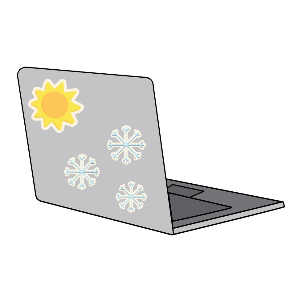 Isometric laptop with bright stickers on the cover of the sun and snowflake. Sticker. Icon. Isolate vector