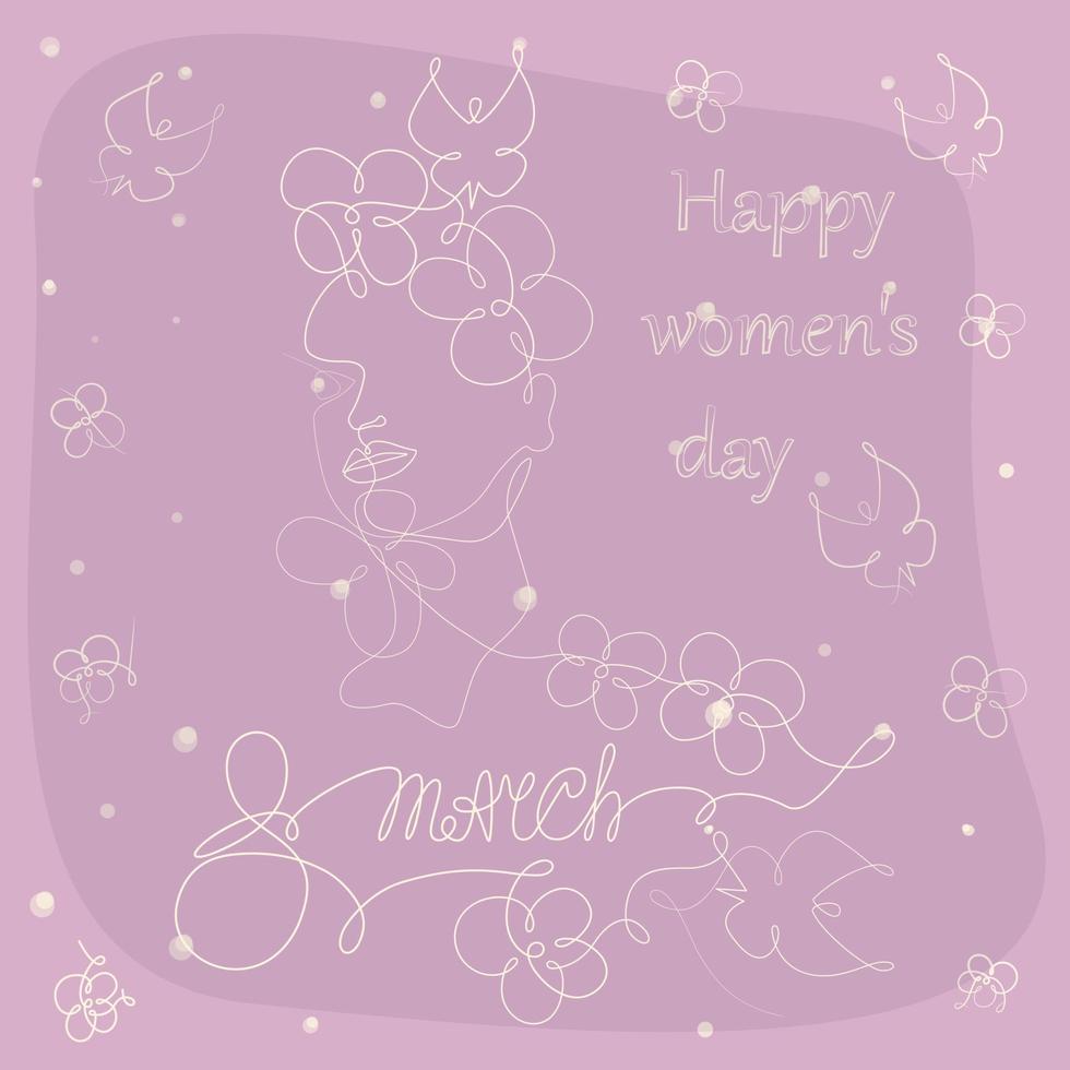 Female face one continuous line with flowers, butterflies and lettering March 8. Happy Women's Day vector