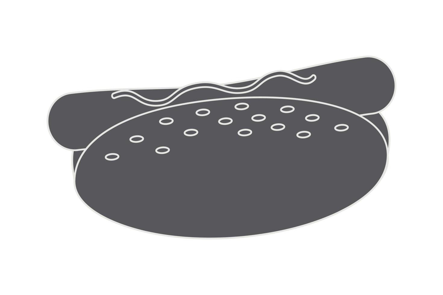 Grayscale image of hot dog with sausage and sesame bun. Fast Food. Happy hot dog day. Sticker. Icon vector